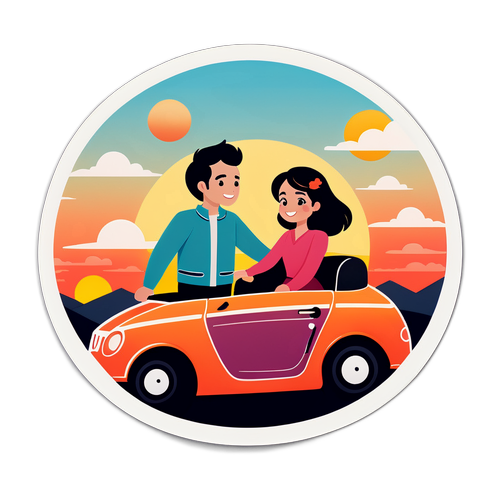 ロマンチックカーに乗るカップルのかわいいイラスト