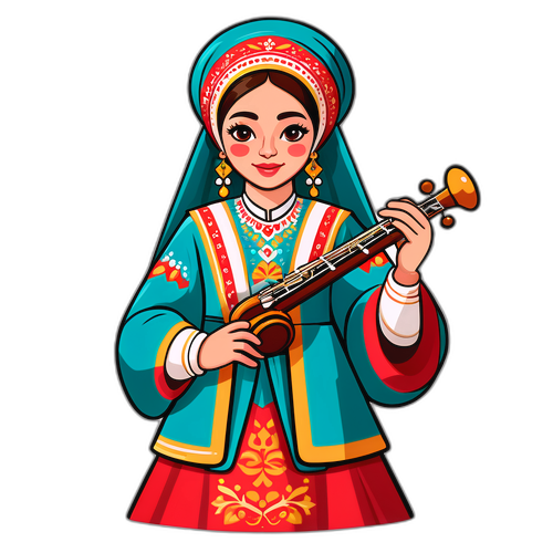 Иллюстрация Пелагеи с музыкальным инструментом в традиционном наряде
