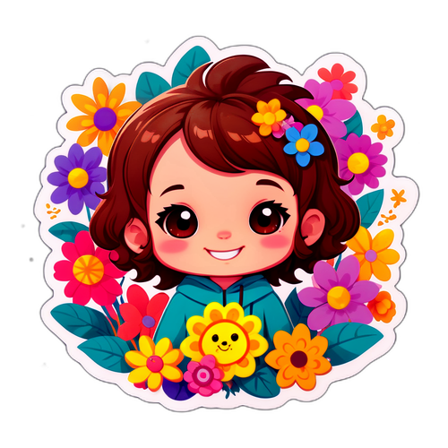 Schattige sticker van Leoni met een glimlach, omringd door bloemen