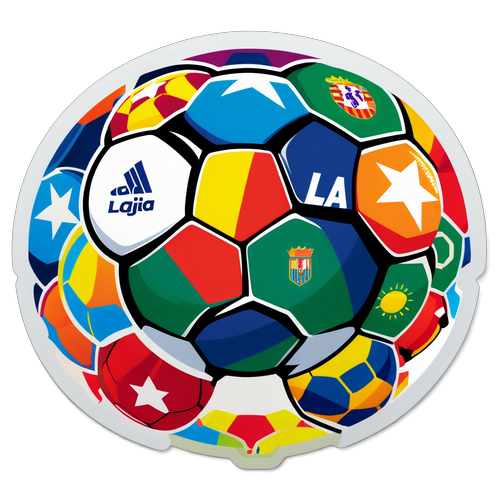 En fotboll med La Liga-logotypen, omgiven av färgglada fotbollar