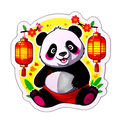 春節を祝うカラフルなパンダとランタンデザイン