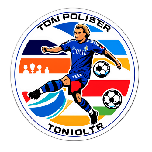 Runde Aufkleber mit Fußballmotiven und dem Namen Toni Polster