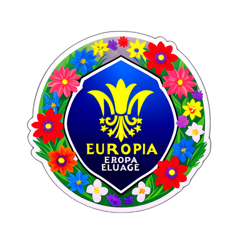 Емблема Ліги Європи на тлі весняних квітів із національними символами України