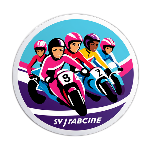 Sticker que celebra el espíritu competitivo del equipo de mujeres en motociclismo