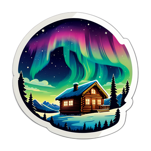 Aufkleber mit dem atemberaubenden Anblick der Nordlichter über einer Hütte in den österreichischen Alpen
