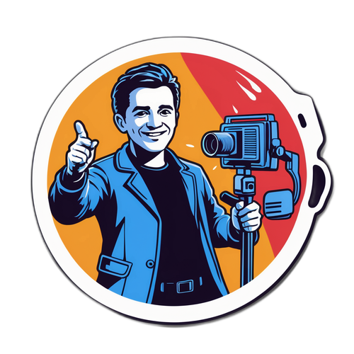 Autocollant représentant Samuel Étienne avec une caméra et un microphone