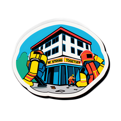 Bir deprem sonucu çökmüş bina ve kurtarma ekipleriyle 'Birlikte Güçlüyüz'