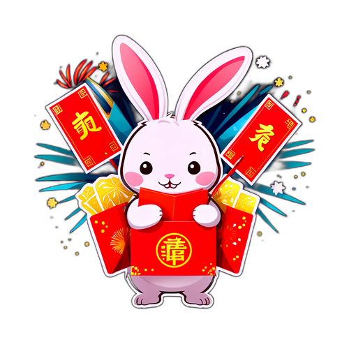 可爱兔子持红封，中间绽放的烟花