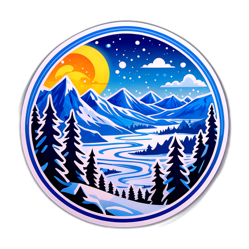 Яркий стикер с морозными элементами, изображающий зимний пейзаж Якутска