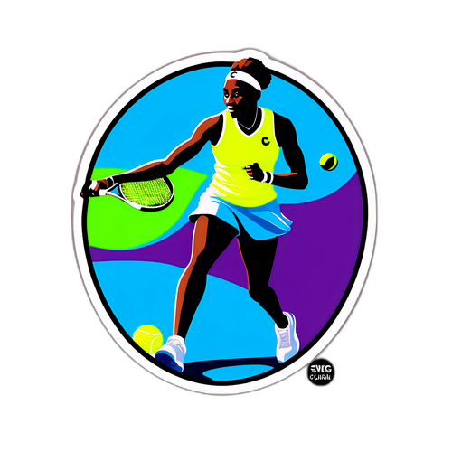 Diseño de una pelota de tenis con el nombre 'Coco Gauff' y una silueta de un jugador en movimiento