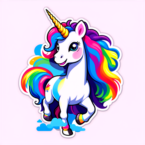 A Vibrant Unicorn with Rainbow Mane Prancing on Clouds