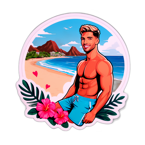 Samolepka Dusan z Love Island s romantickými motivy a pohledem na pláž