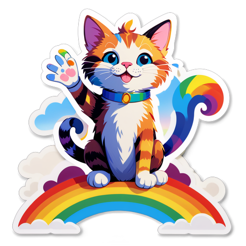 坐在彩虹上的挥手猫咪