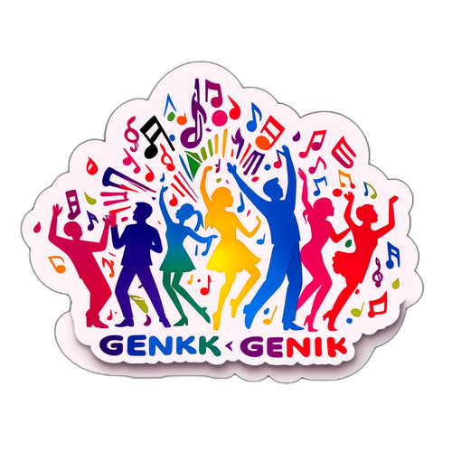 Kolorowa reprezentacja festiwali Genk z nutami muzycznymi i sylwetkami tańczących