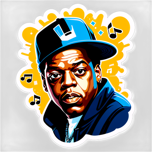 Stylizovaný portrét Jay-Z se stylovými grafickými prvky a hudebními symboly