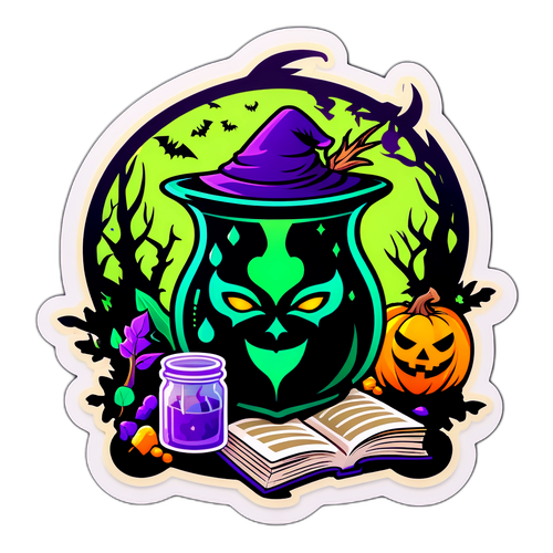 Et fortryllet skog klistremerke med hekse detaljer