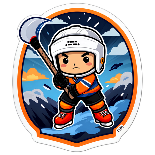 Милая наклейка с клюшкой и шайбой в бурном небе, с текстом "Битва чемпионов!"