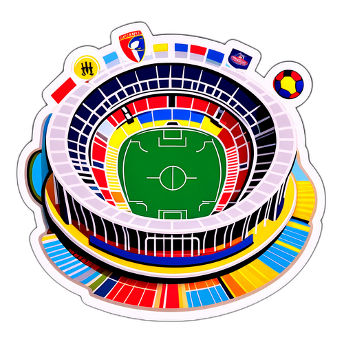 En kreativ collage-klistermærke af berømte fodboldstadions