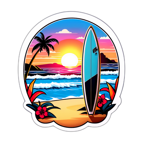 ハワイのビーチとサンセットのサーフボード