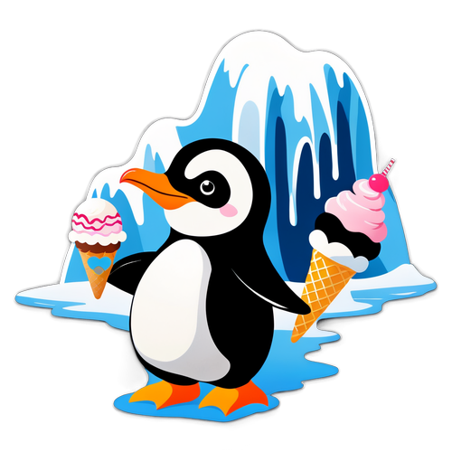 快乐的小企鹅拿着冰淇淋站在南极冰山上