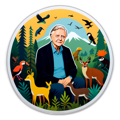 En lekfull klistermärke av David Attenborough i naturen