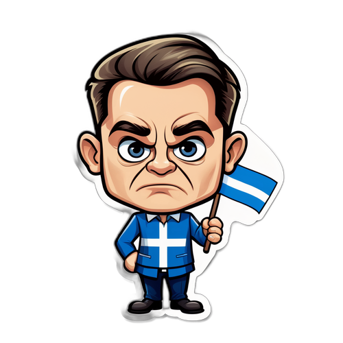 Karikatyyri Petteri Orposta Suomen lipun kanssa