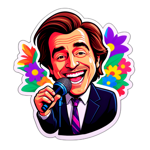 En tecknad version av Jonathan Ross skrattande med en mikrofon och färgglada blommor i bakgrunden