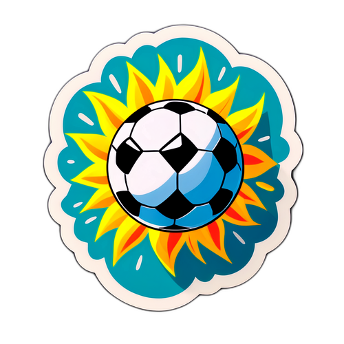 A etiqueta de Mirasol com sol radiante e bola de futebol