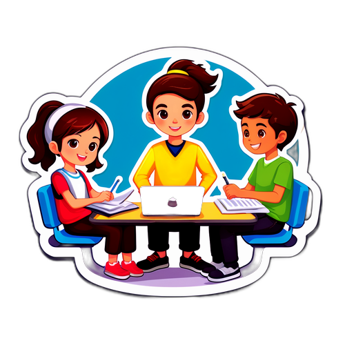 Stiker Desain Modern dengan Laptop dan Siswa