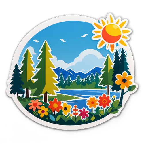 Älvsjö landskap med sol och blommor