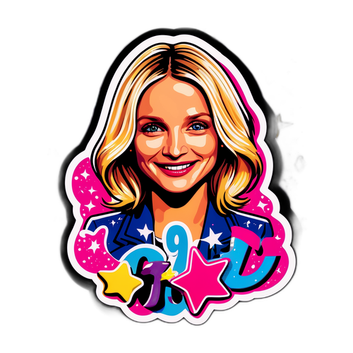 En lekfull klistermärke av Cameron Diaz i retro 90-talsstil