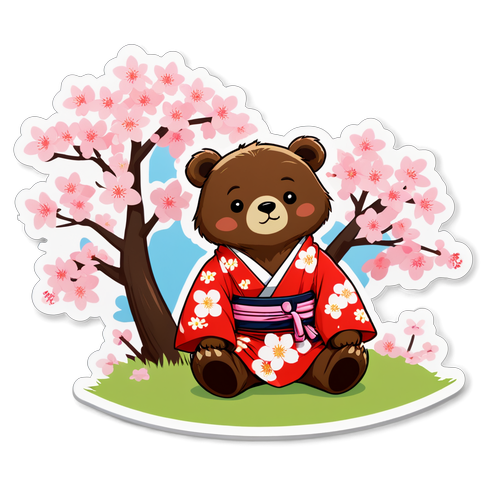 可爱和服熊在樱花树下