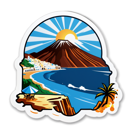 Sticker cu ilustrarea unui cutremur pe insula Santorini, cu textul "Forța Naturii!"