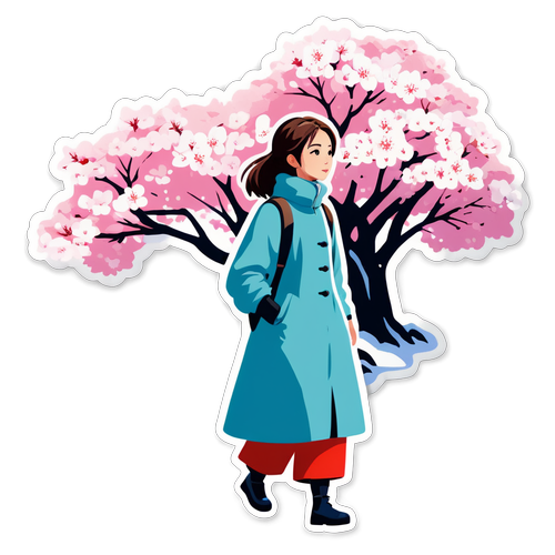 Beautiful Girl Walking Under Sakura Tree in Winter