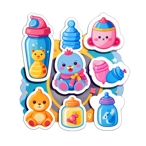 Sticker de baby shower emocional con ilustraciones de juguetes y biberones