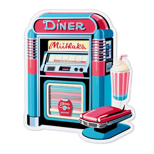 Retro Diner Scene with Jukebox, Milkshakes, and Vintage Cars