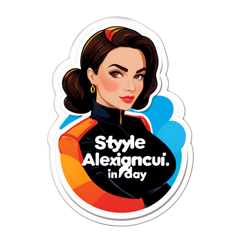 Un autocolant cu Anca Alexandrescu în mediul urban, cu textul 'Stil și eleganță în fiecare zi!'