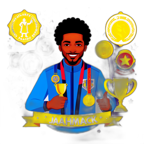 Isang Ilustrasyon ni Jahmai Mashack na Napapalibutan ng mga Trophies at Medals