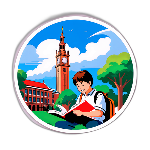 読書する学生と立教大学の時計塔