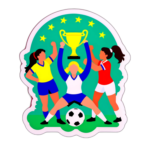 Sticker mit Europameisterschaft-Pokal und jubelnden Fußballspielerinnen