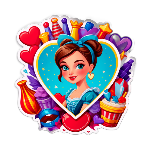 Наталка Денисенко з серцевим наліпкою, оточена театральними реквізитами