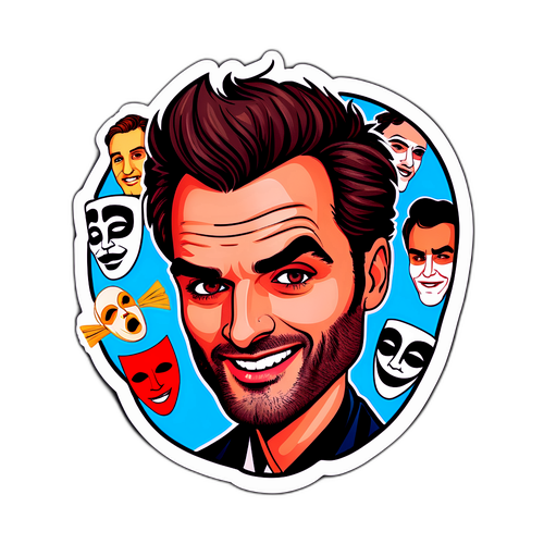 Karikatur ni Tom Bateman na Napapalibutan ng mga Maskara ng Drama