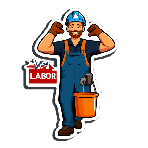 Sticker für den Arbeitstag mit feierndem Arbeiter auf einer Baustelle