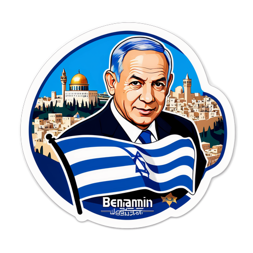 Sticker Benjamin Netanyahu dengan Bendera Biru dan Putih
