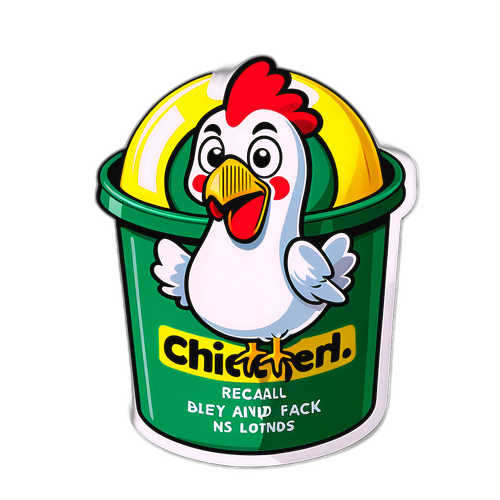 Illustration d'un poulet cartoon dans un packaging de rappel, avec des instructions de sécurité hilarantes et joyeuses