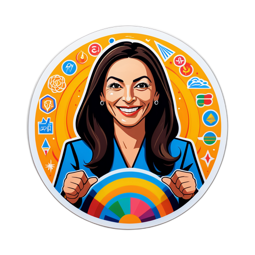 איור אנרגטי של מירי רגב בפעולה עם סמלים של תרבות ויצירתיות