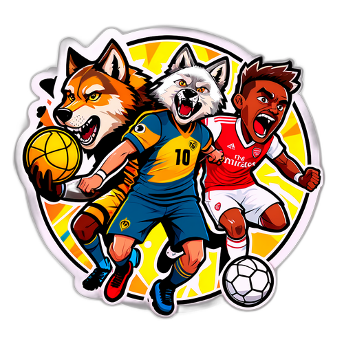 Animeret design af ulve og Arsenal-spillere i aktion med komisk effekt