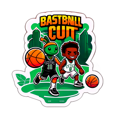 Illustrate a basketball court with the Nets and Celtics' mascots engaging in a friendly competition in a vibrant urban setting.