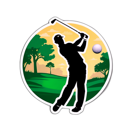Stickerontwerp met een gestileerde silhouet van Tiger Woods in een dynamische golfswing