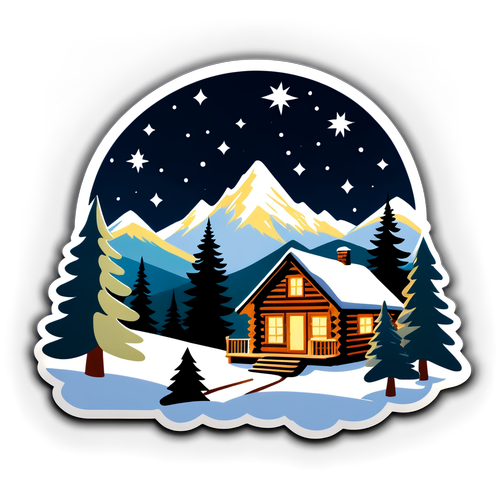 Cozy Log Cabin in Snowy Mountain Scene Sticker